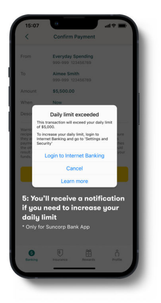 Suncorp Bank Secured App Authorising Payment - Daily Limit Exceeded